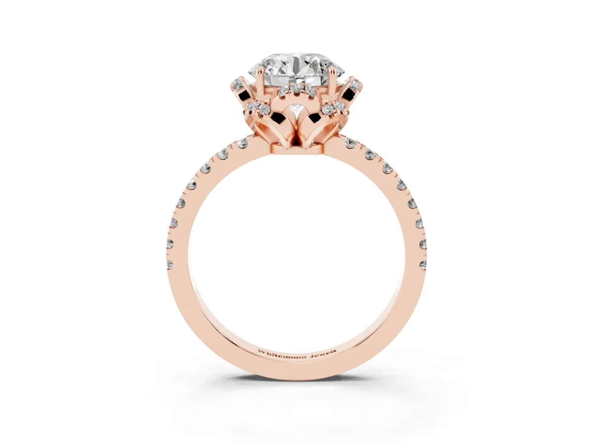 Round Cut Halo Diamond Pave Band Ring with Four-Prong Setting Rose gold