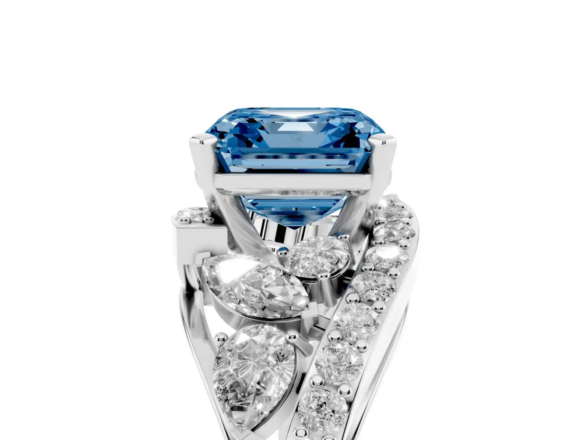 Fancy Blue Asscher Cut Diamond Halo Ring with Marquise and Pavé Band in Prong Setting White gold