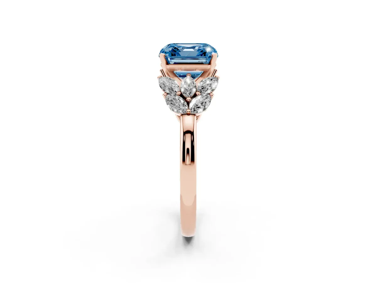 Fancy Blue Asscher Cut Diamond Cluster Leaf Design Ring with Prong Setting Rose gold