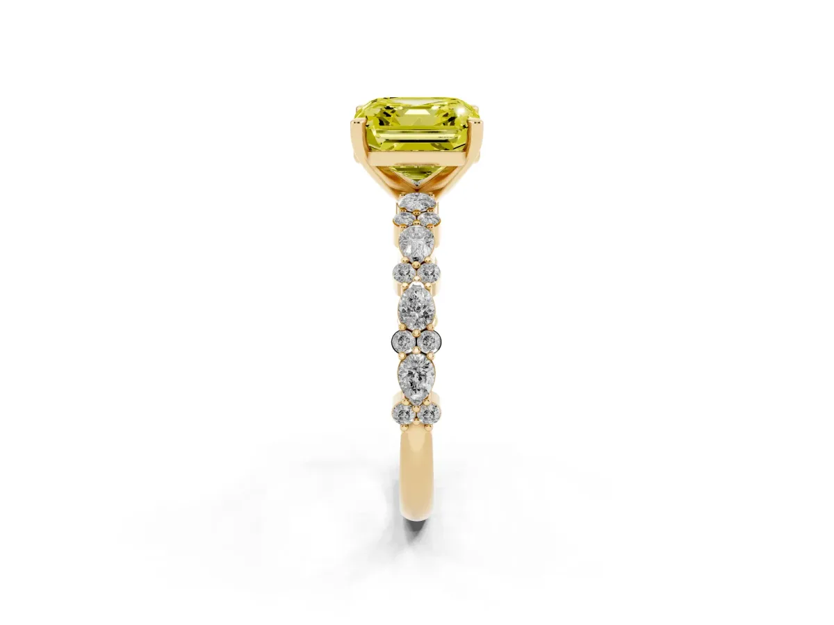 Fancy Yellow Asscher Cut Diamond Side Stone Solitaire Ring with Round and Four-Prong Setting Yellow gold