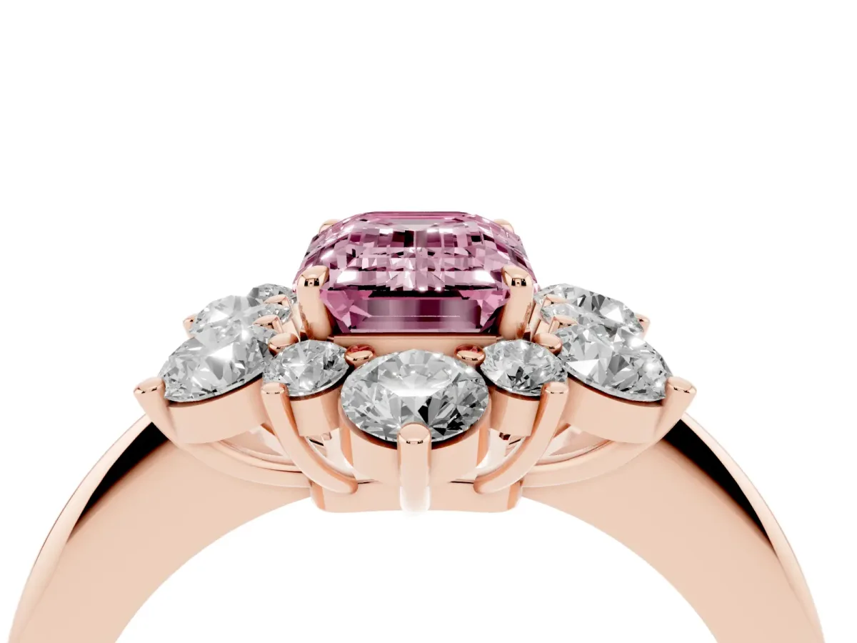 Fancy Pink Emerald Cut Diamond Cluster Halo Ring with Solitaire Band and Four-Prong Setting Rose gold