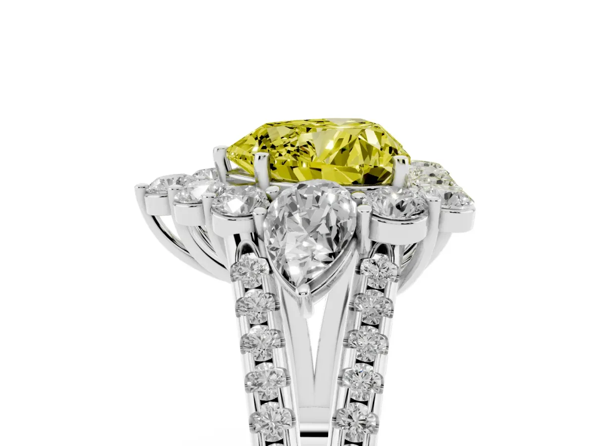 Fancy Yellow Heart Cut Halo Split Shank Diamond Engagement Ring with Prong Setting Silver