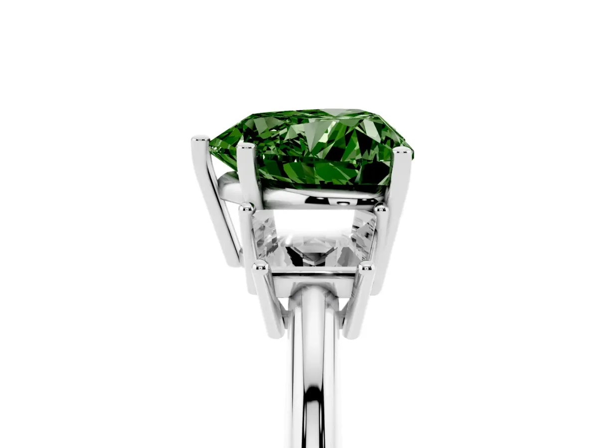 Fancy Green Heart Cut Diamond Three-Stone Ring with Trapezoid Side Stones and Prong Setting Silver