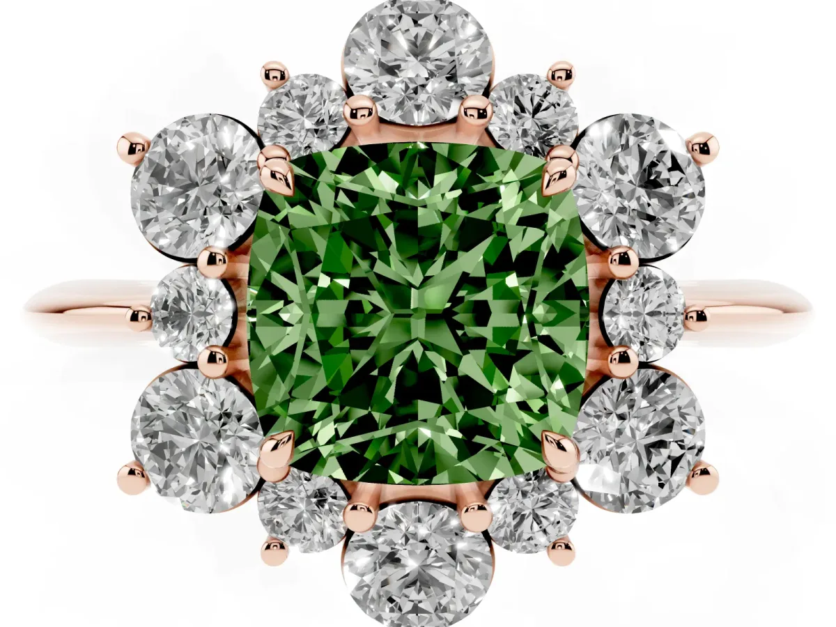 Fancy Green Cushion Cut Diamond Cluster Halo Ring with Solitaire Band and Four-Prong Setting Rose gold