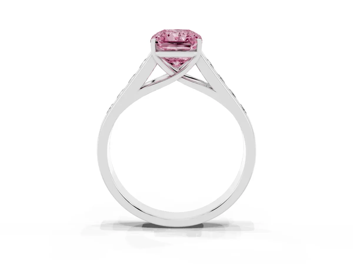 Fancy Pink Radiant Cut Brilliant Channel-Set Solitaire Ring with Four-Prong Setting Platinum