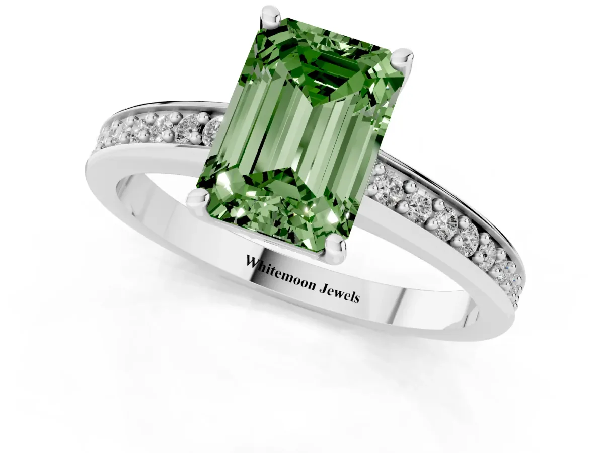 Fancy Green Emerald Cut Solitaire Pavé Band Prong Setting Ring Platinum