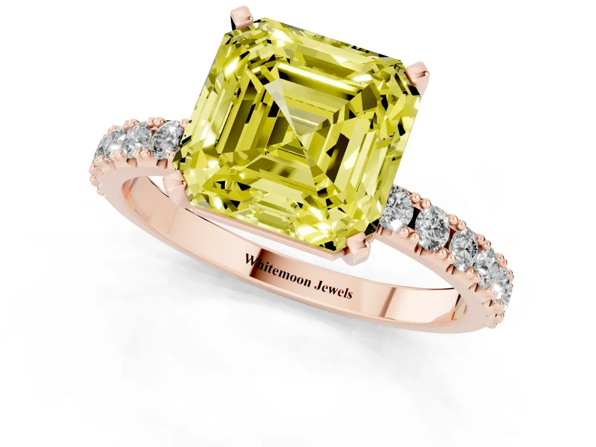 Fancy Yellow Asscher Cut Diamond Solitaire Pavé Band with Four-Prong Setting Rose gold