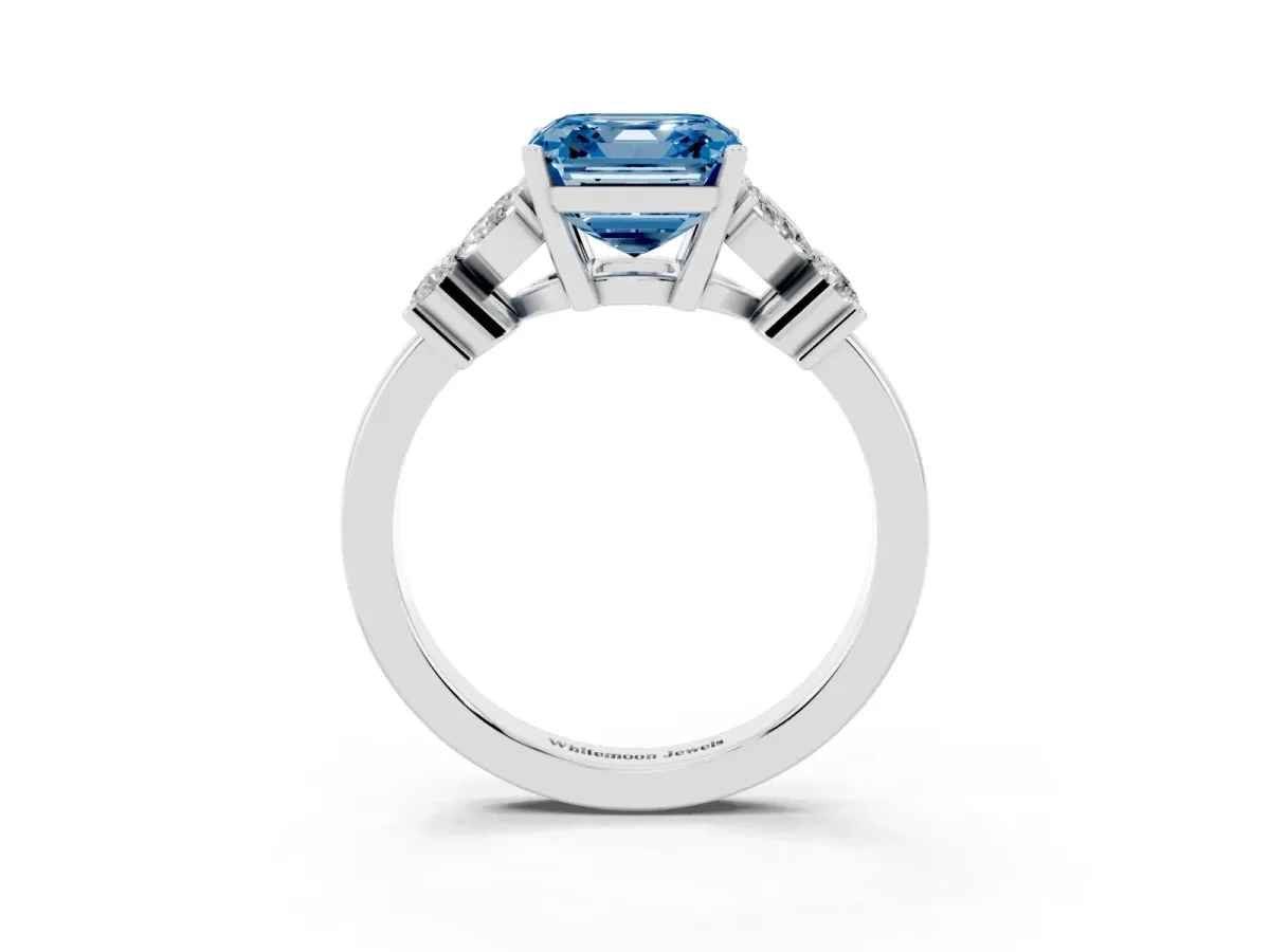 Fancy Blue Asscher Cut Diamond Floral Cluster Ring with Solitaire Band and Prong Setting Platinum