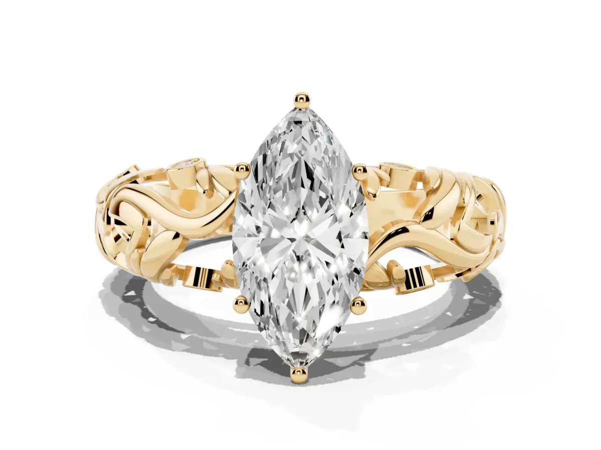 Marquise Cut Solitaire Diamond Leaf-Inspired Vine Band Ring with Prong Setting Yellow gold