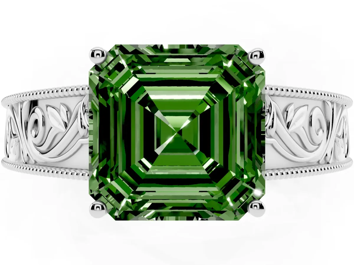 Fancy Green Asscher Cut Diamond Solitaire Ring with Engraved Band and Four-Prong Setting White gold