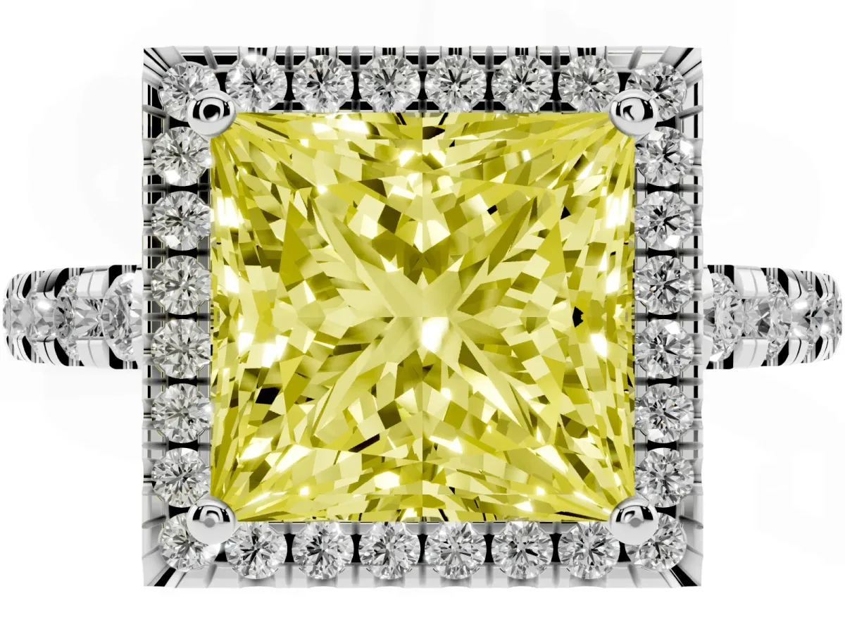 Fancy Yellow Princess Cut Diamond Halo Ring with Pavé Band and Four-Prong Setting Platinum