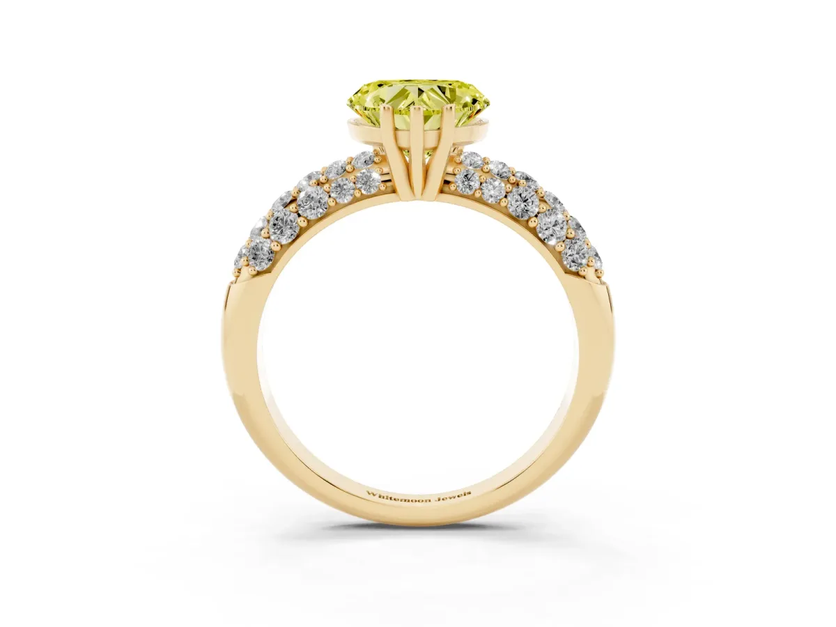 Fancy Yellow Heart Cut Diamond Pavé Band Solitaire Ring with Four-Prong Setting Yellow gold