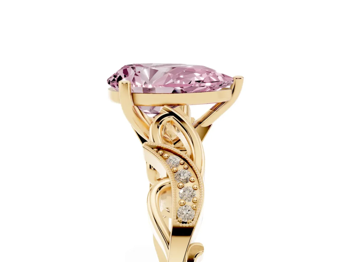 Fancy Pink Pear Cut Solitaire Vine Band with Milgrain Prong Setting Yellow gold