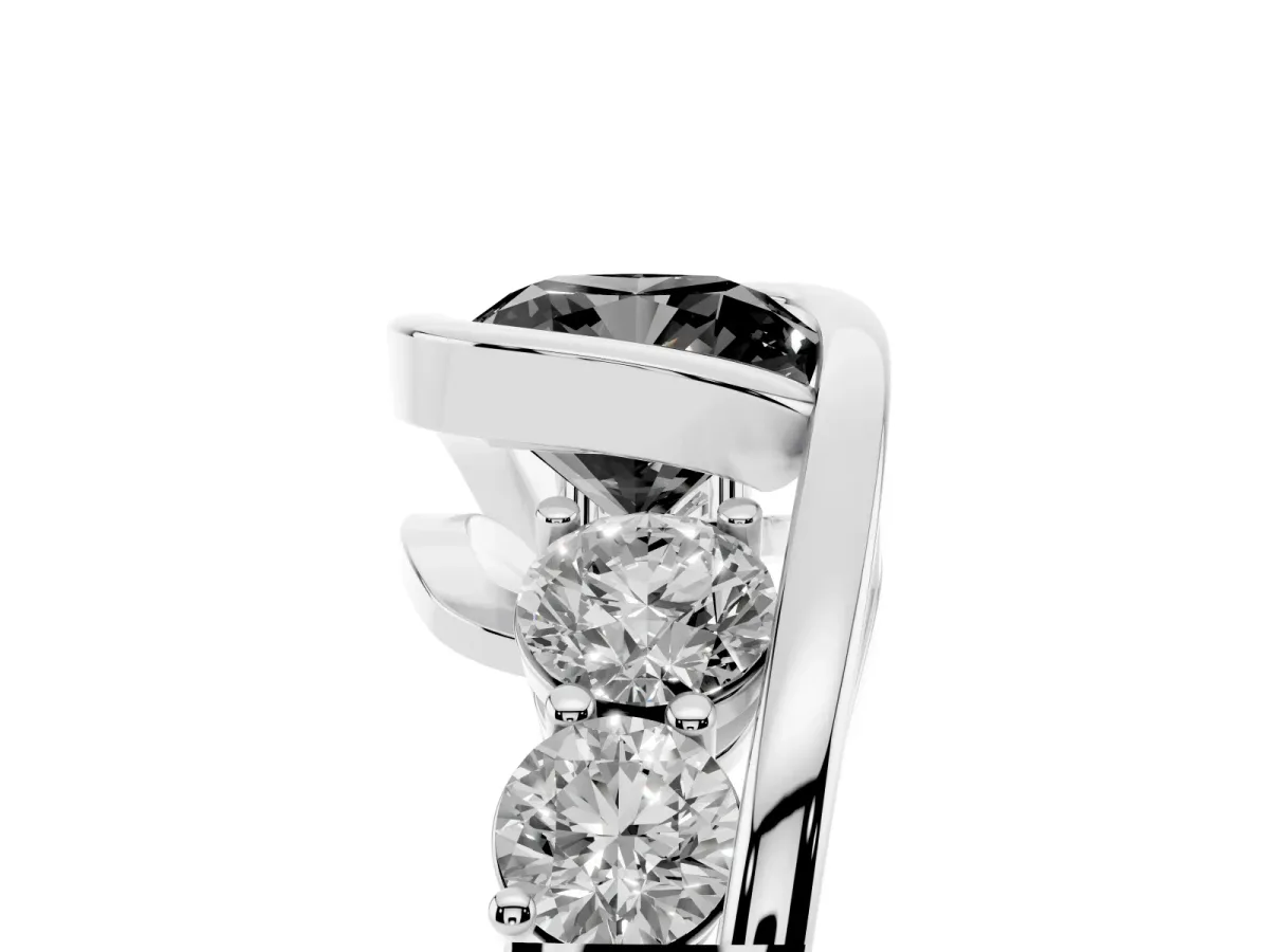 Fancy Black Bezel Set Cushion Cut Diamond Bypass Ring with Round Accents Platinum