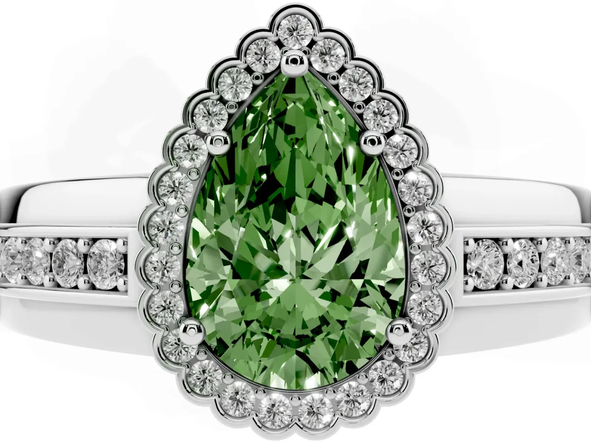 Fancy Green Pear Cut Cut Halo Pave Band Four-Prong Ring Platinum