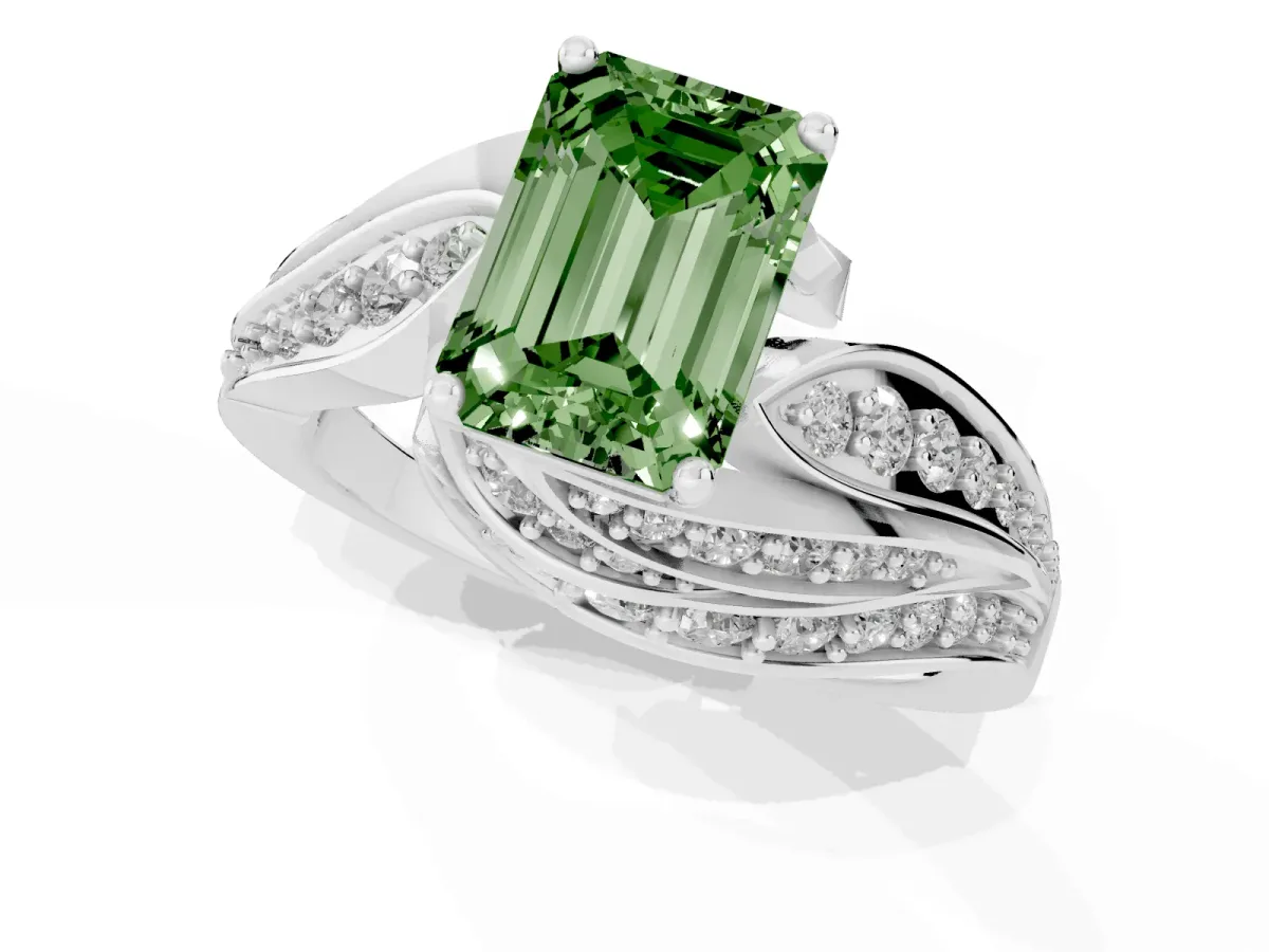 Fancy Green Emerald Cut Diamond Solitaire Ring with Prong Setting and Twisted Pavé Band Silver