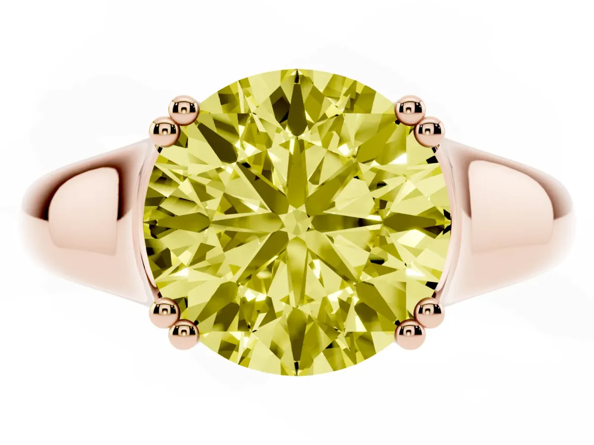 Fancy Yellow Round Cut Diamond Solitaire Ring with Wide Band and Prong Setting Rose gold
