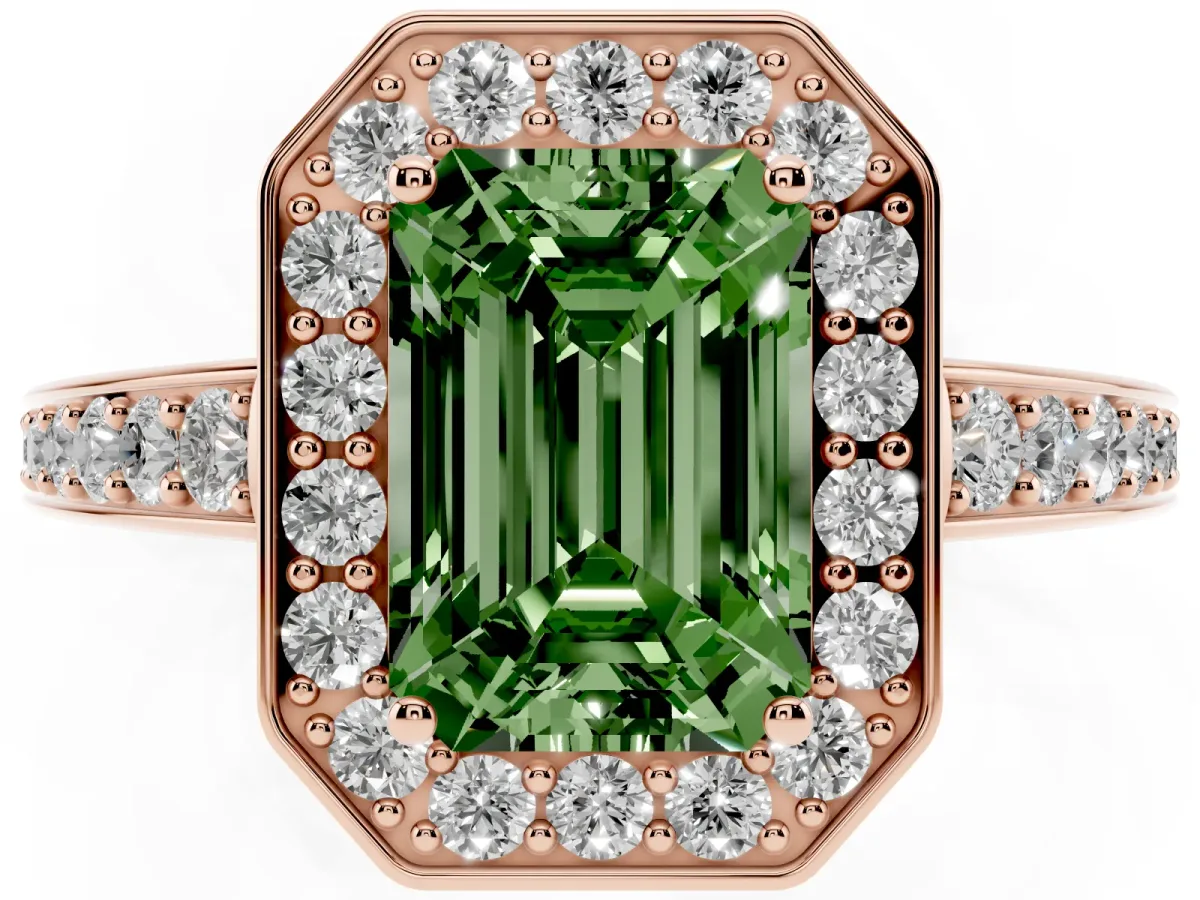 Fancy Green Emerald Cut Halo Pavé Diamond Engagement Ring with Bezel Setting Rose gold