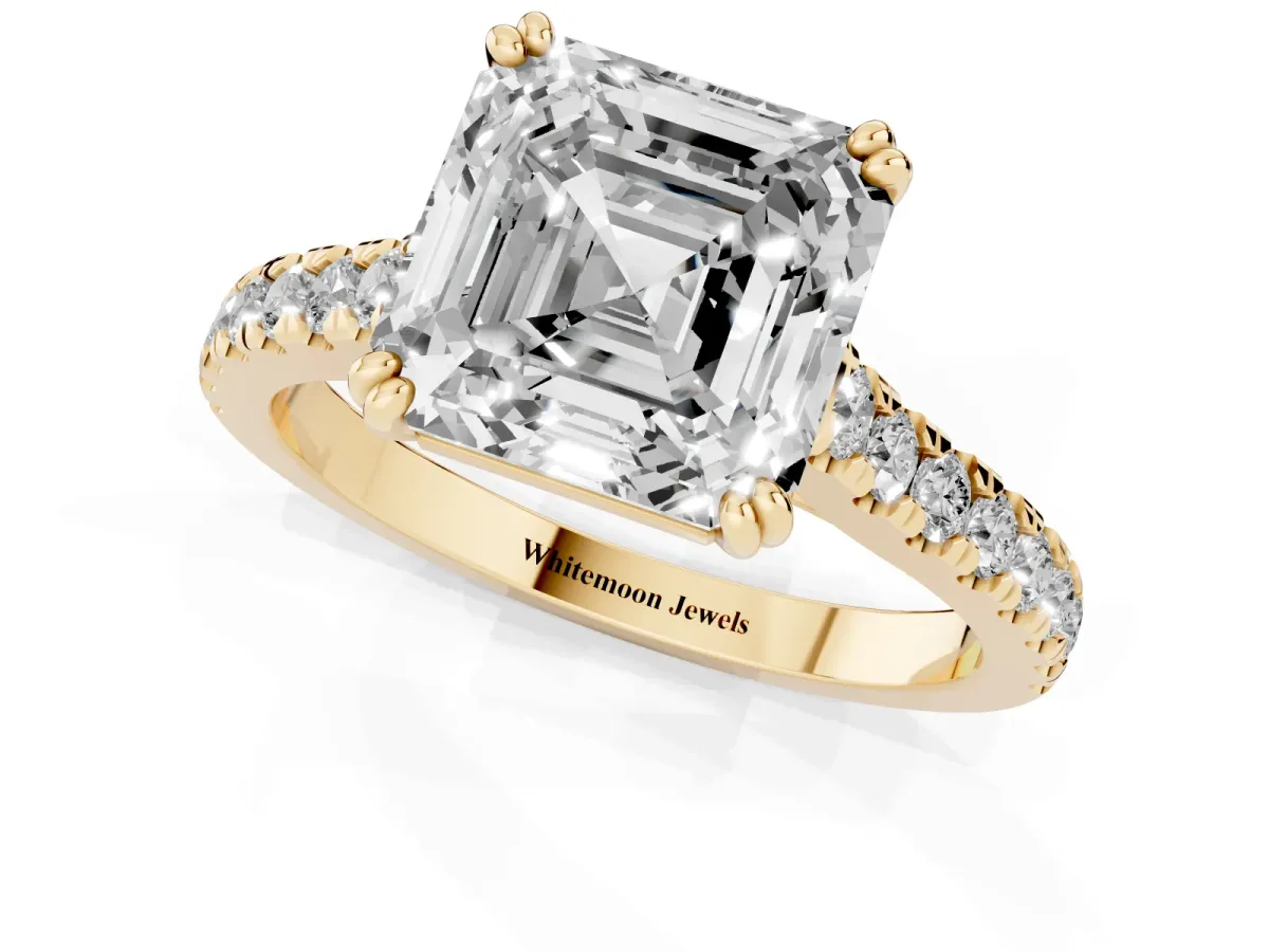 Asscher Cut Solitaire Pave Diamond Engagement Ring with Prong Setting Yellow gold