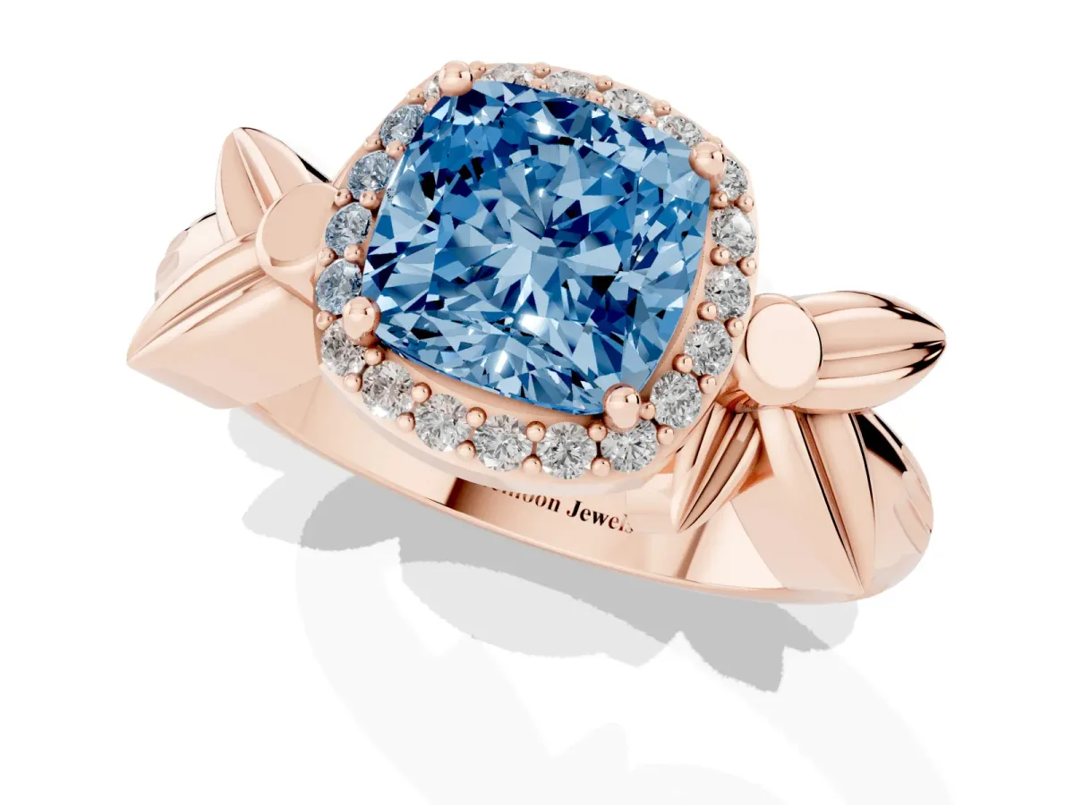 Fancy Blue Cushion Cut Halo Diamond Floral Band with Four-Prong Setting Rose gold