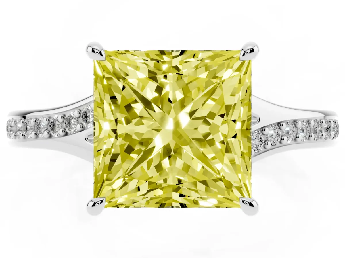 Fancy Yellow Princess Cut Diamond Solitaire Ring with Pavé Band and Prong Setting Silver