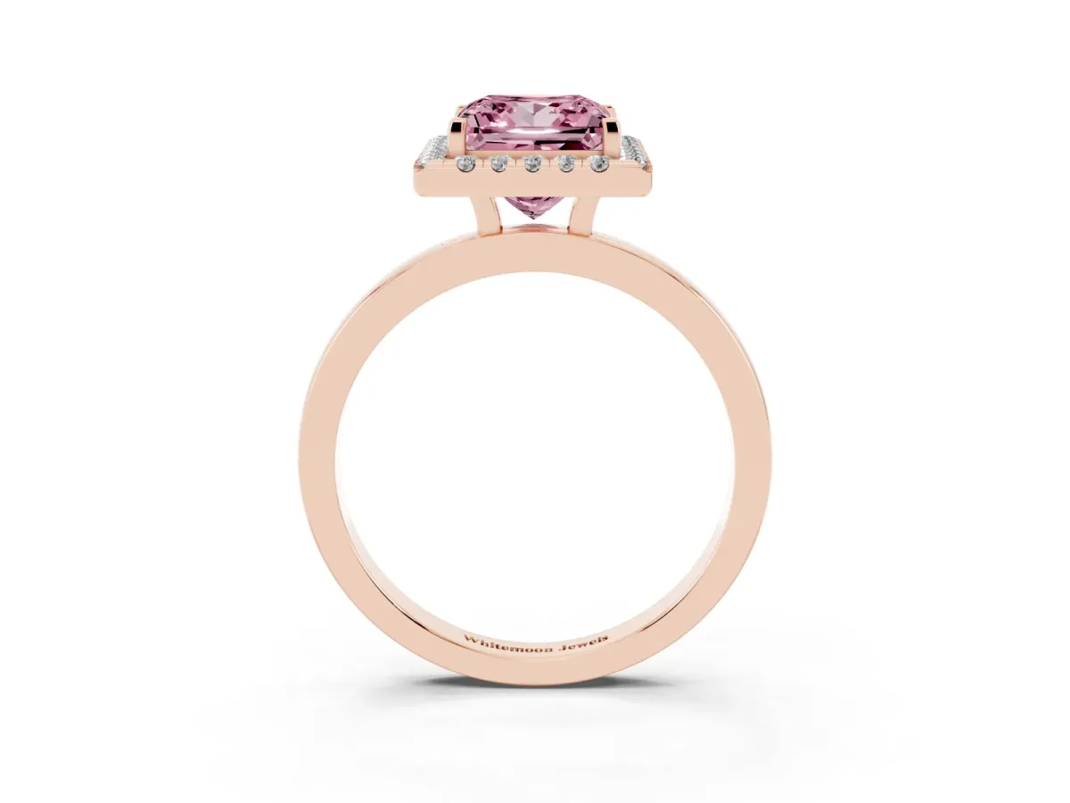 Fancy Pink Princess Cut Halo Diamond Solitaire with Pavé Band and Four-Prong Setting Rose gold