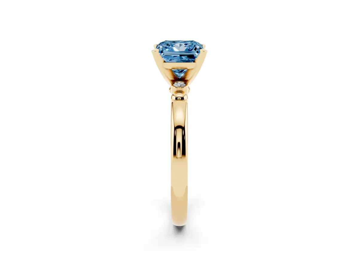 Fancy Blue Princess Cut Solitaire Beaded Band with Four-Prong Setting Yellow gold