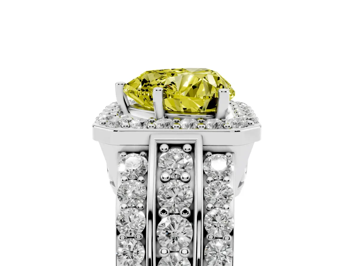 Fancy Yellow Heart Cut Halo Diamond Ring with Round Split Shank and Prong Setting Silver