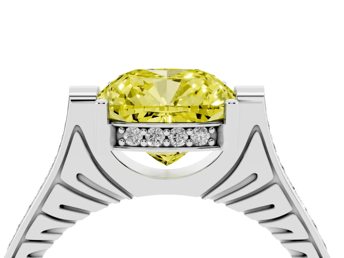 Fancy Yellow Cushion Cut Solitaire Diamond Ring with Channel Set Band and Bezel Prong Setting Silver