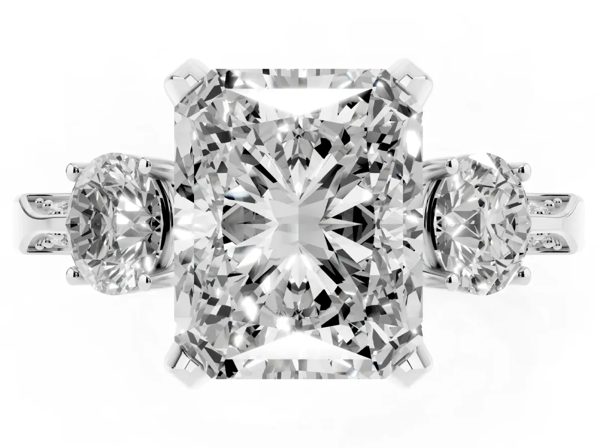 Radiant Cut Brilliant Three-Stone Diamond Ring with Pavé Band and Four-Prong Setting White gold
