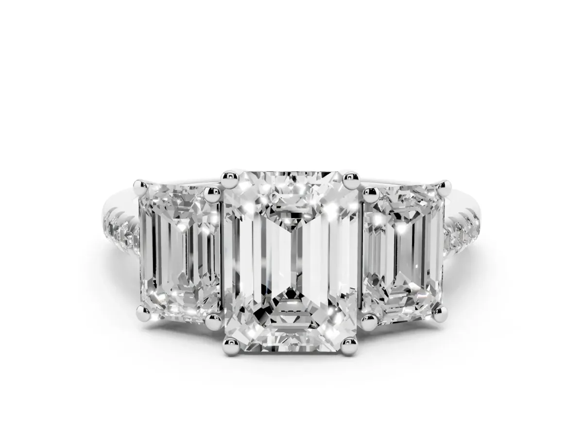Three-Stone Emerald Cut Diamond Ring with Round Pavé Band and Prong Setting Silver