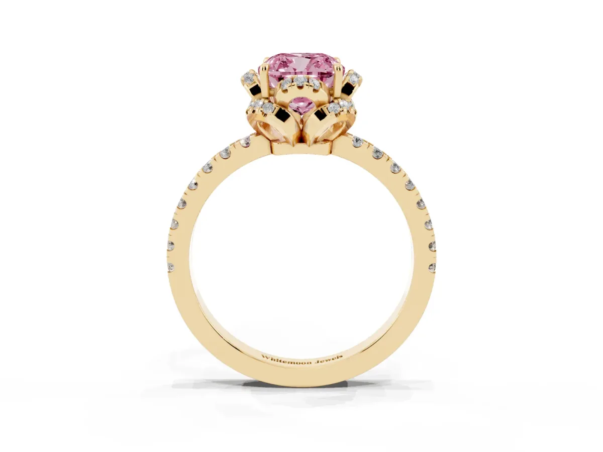 Fancy Pink Cushion Cut Halo Diamond Pave Band Ring with Four-Prong Setting Yellow gold