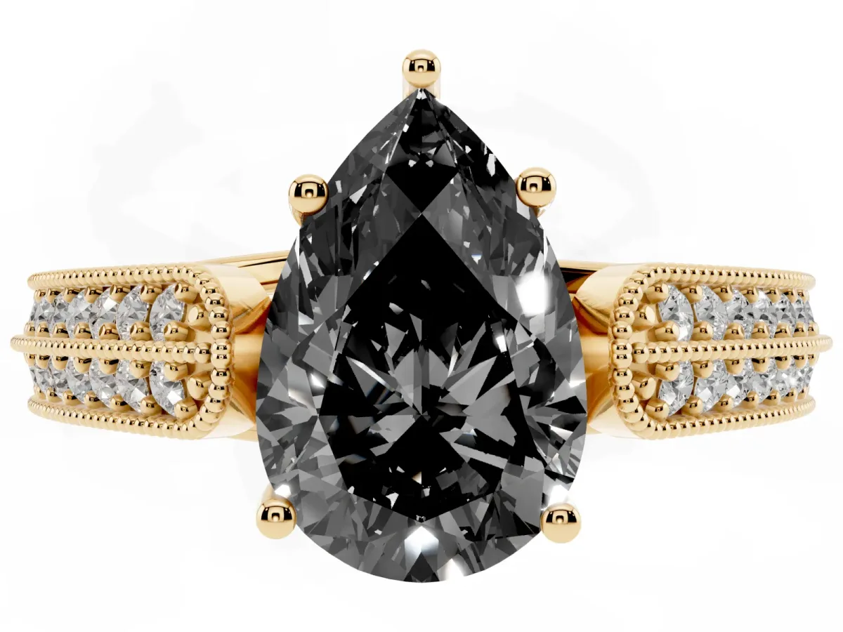 Fancy Black Pear Cut Cut Pave Split Shank Engagement Ring with Four-Prong Setting Yellow gold