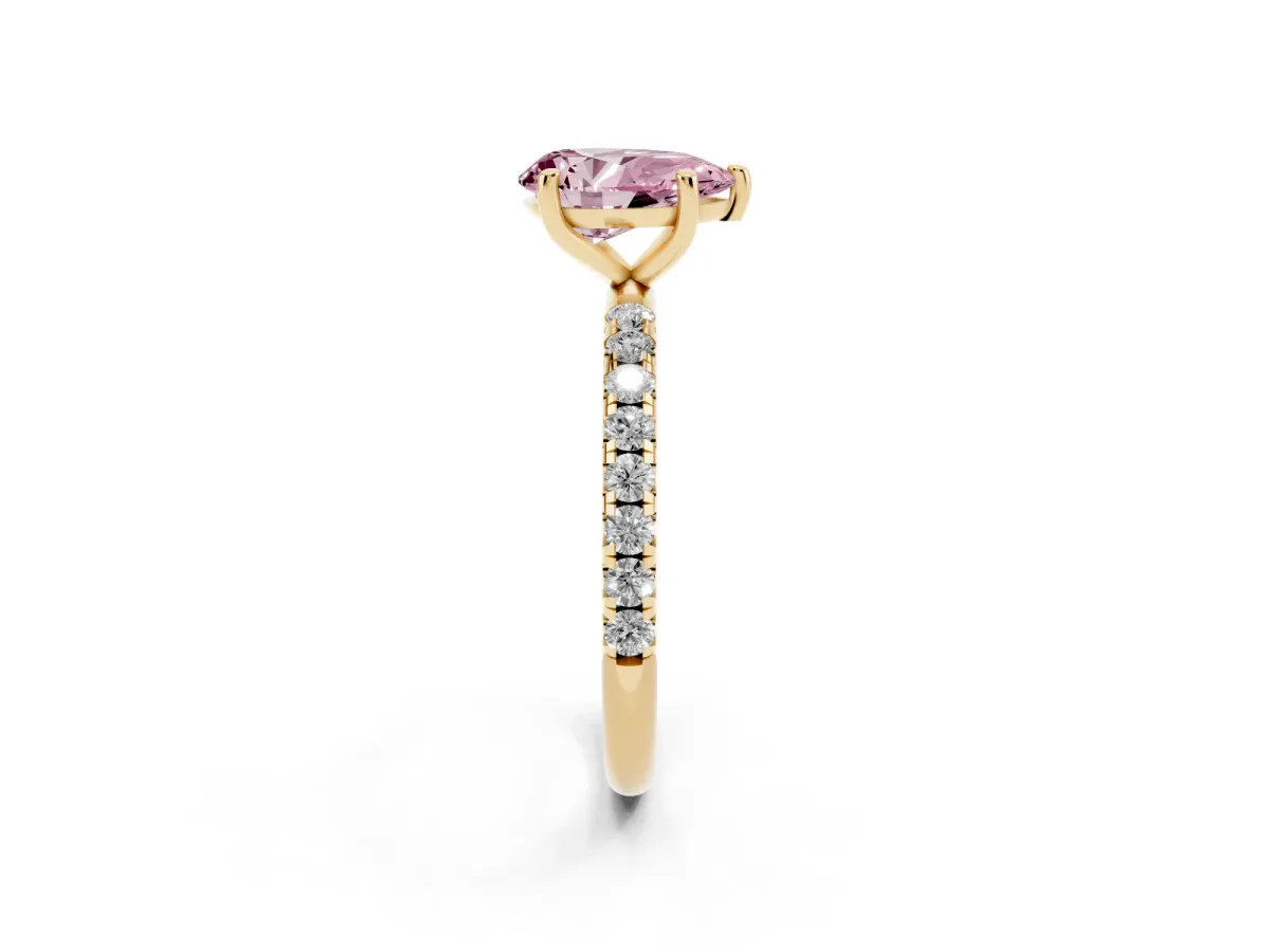 Fancy Pink Pear Cut Cut Diamond Solitaire Ring with Micro Pave Band and Four Prong Setting Yellow gold