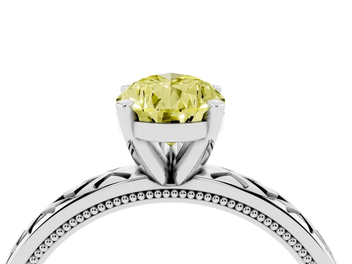 Fancy Yellow Pear Cut Solitaire Diamond Ring with Milgrain and Black Enamel X Pattern Band Silver