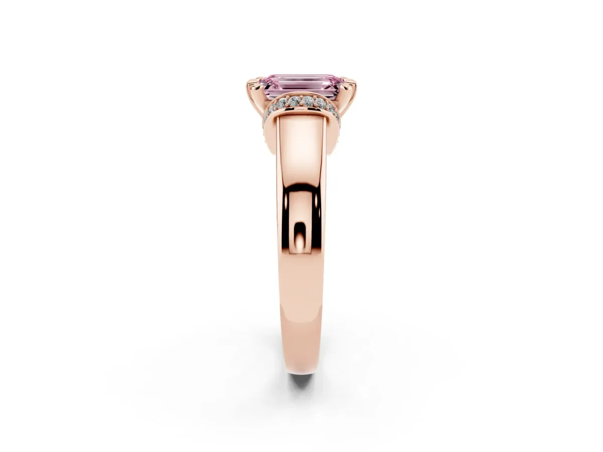 Fancy Pink Emerald Cut Solitaire Diamond Ring with Pave Band and Six-Prong Setting Rose gold
