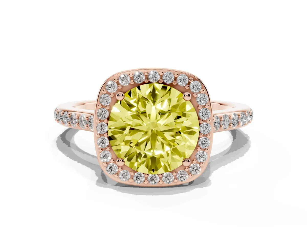 Fancy Yellow Round Cut Diamond Halo Engagement Ring with Round Pavé Shoulders and Prong Setting Rose gold