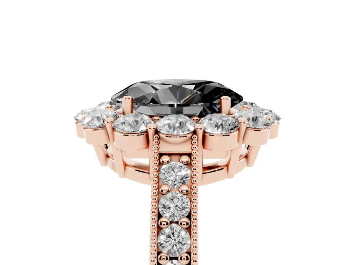 Fancy Black Oval Cut Cut Halo Diamond Pavé Engagement Ring with Milgrain Detailing Rose gold