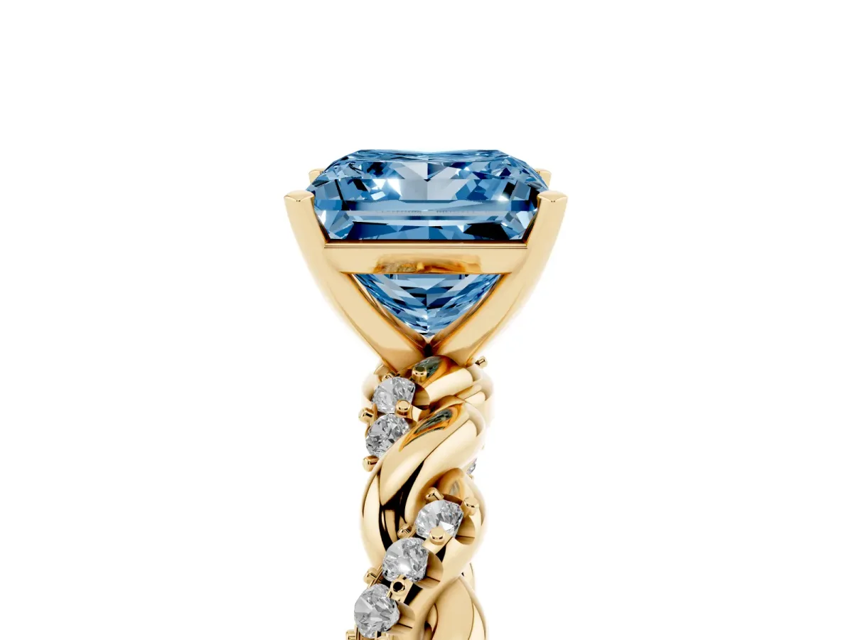 Fancy Blue Princess Cut Diamond Solitaire Ring with Twisted Band and Pavé Accents Yellow gold