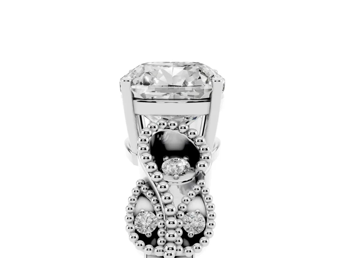 Cushion Cut Solitaire Milgrain Leaf Band with Prong Setting White gold