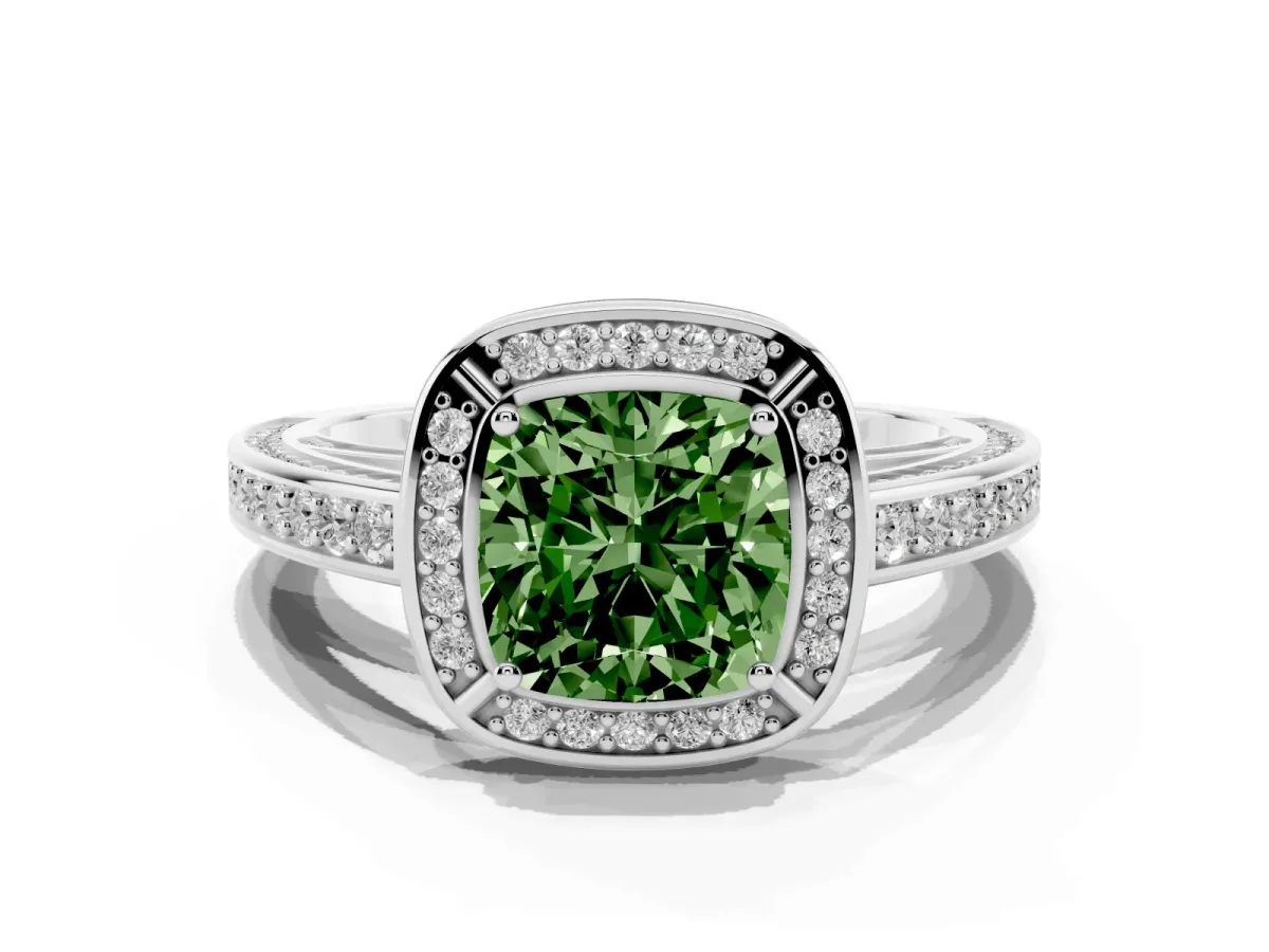 Fancy Green Cushion Cut Cut Halo Pave Split Shank Prong Setting Ring Silver