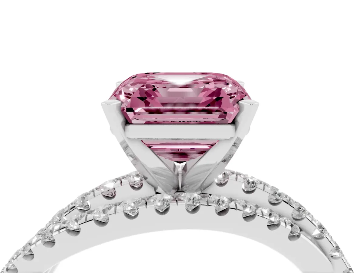 Fancy Pink Asscher Cut Solitaire Twist Band with Pavé Setting and Four-Prong Setting Silver