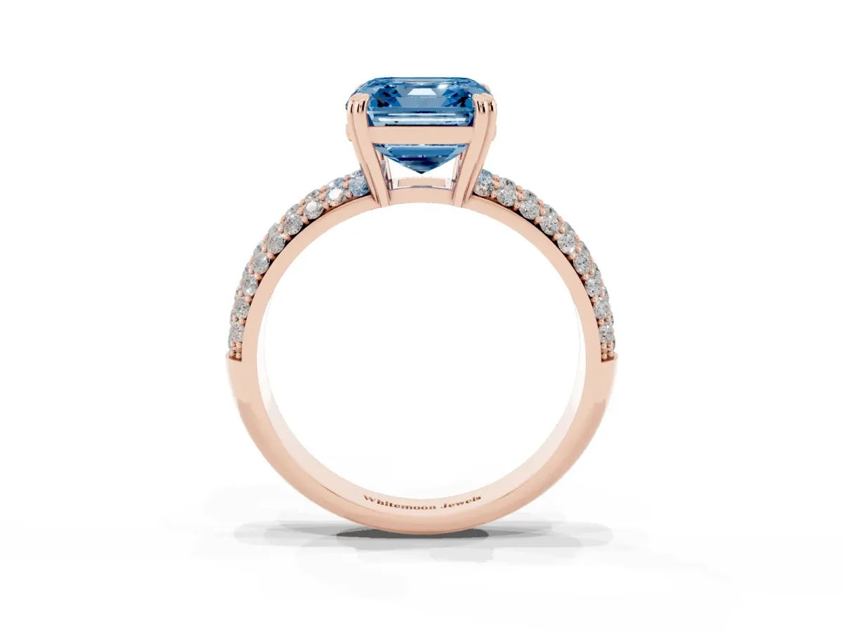 Fancy Blue Asscher Cut Diamond Solitaire Ring with Multi-Row Round Pavé Band and Prong Setting Rose gold