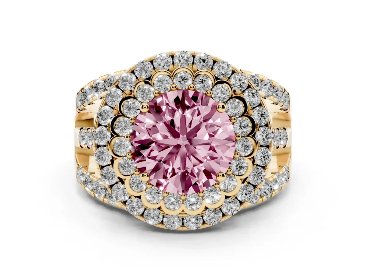 Fancy Pink Round Cut Diamond Double Halo Ring with Round Pavé Split Shank and Prong Setting Yellow gold