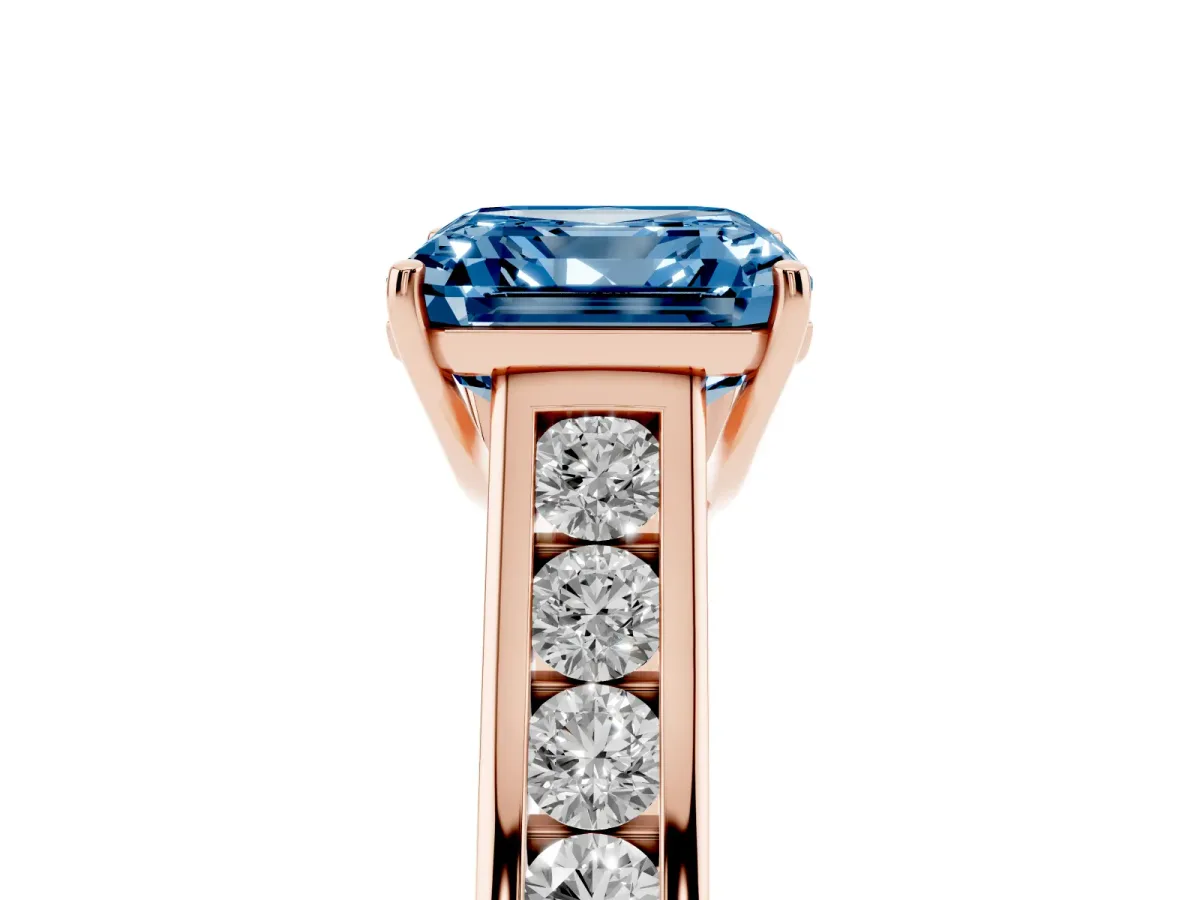 Fancy Blue Asscher Cut Brilliant Channel-Set Solitaire Ring with Four-Prong Setting Rose gold