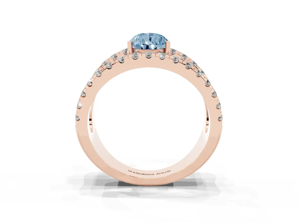 Fancy Blue Pear Cut Solitaire Split Shank Pave Diamond Ring Rose gold