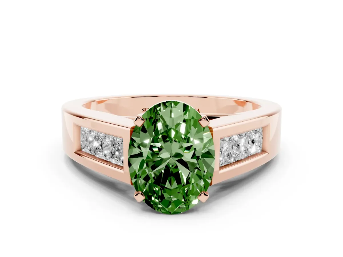 Fancy Green Oval Cut Cut Channel Set Solitaire Ring with Four-Prong Setting Rose gold