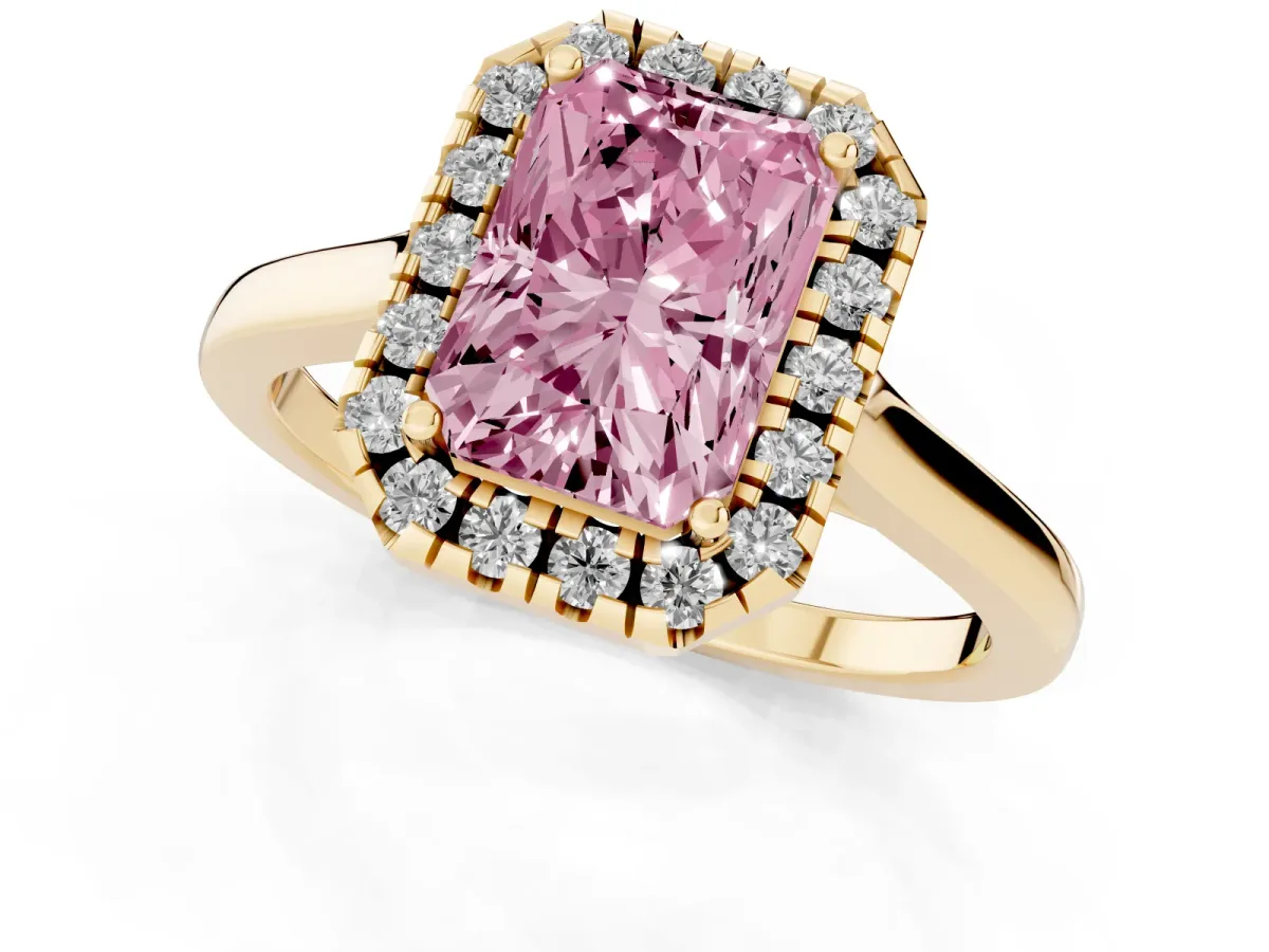 Fancy Pink Radiant Cut Halo Round Diamond Solitaire Ring with Pavé Band and Four-Prong Setting Yellow gold