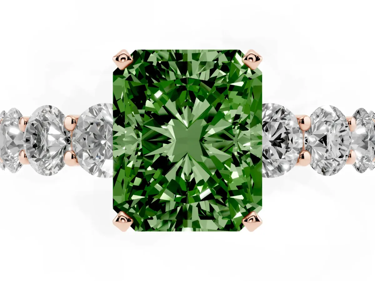 Fancy Green Radiant Cut Diamond Prong Setting with Side Stones on a Pave Band Rose gold