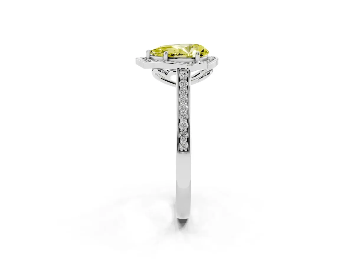 Fancy Yellow Pear Cut Halo Round Diamond Pave Band with Four-Prong Setting Silver